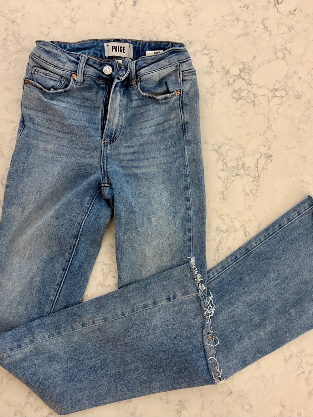 PAIGE Light Blue Laurel High-Rise Flare with Raw Hem